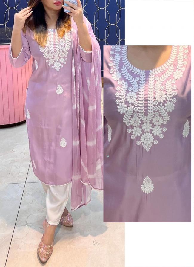 Roman Silk Lilac Traditional Wear Chikankari Work Readymade Kurti Set